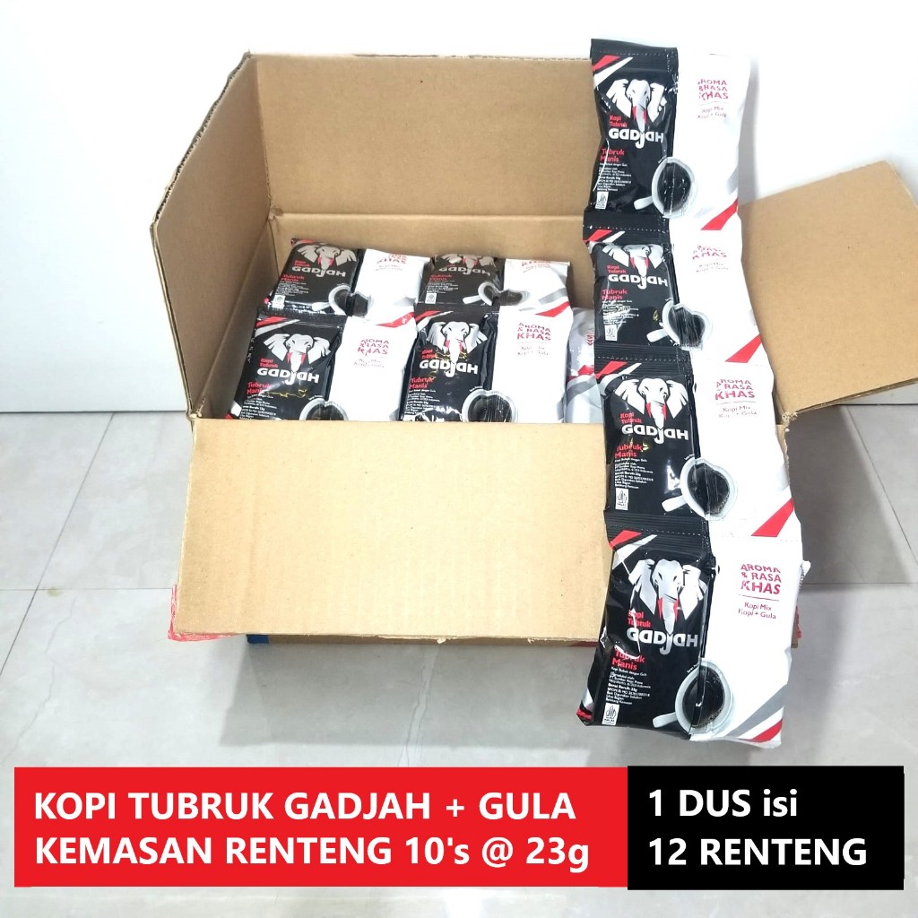

Kopi Tubruk Gadjah + Gula - 1 DUS isi 12 Renteng x 10 sachet @ 23g