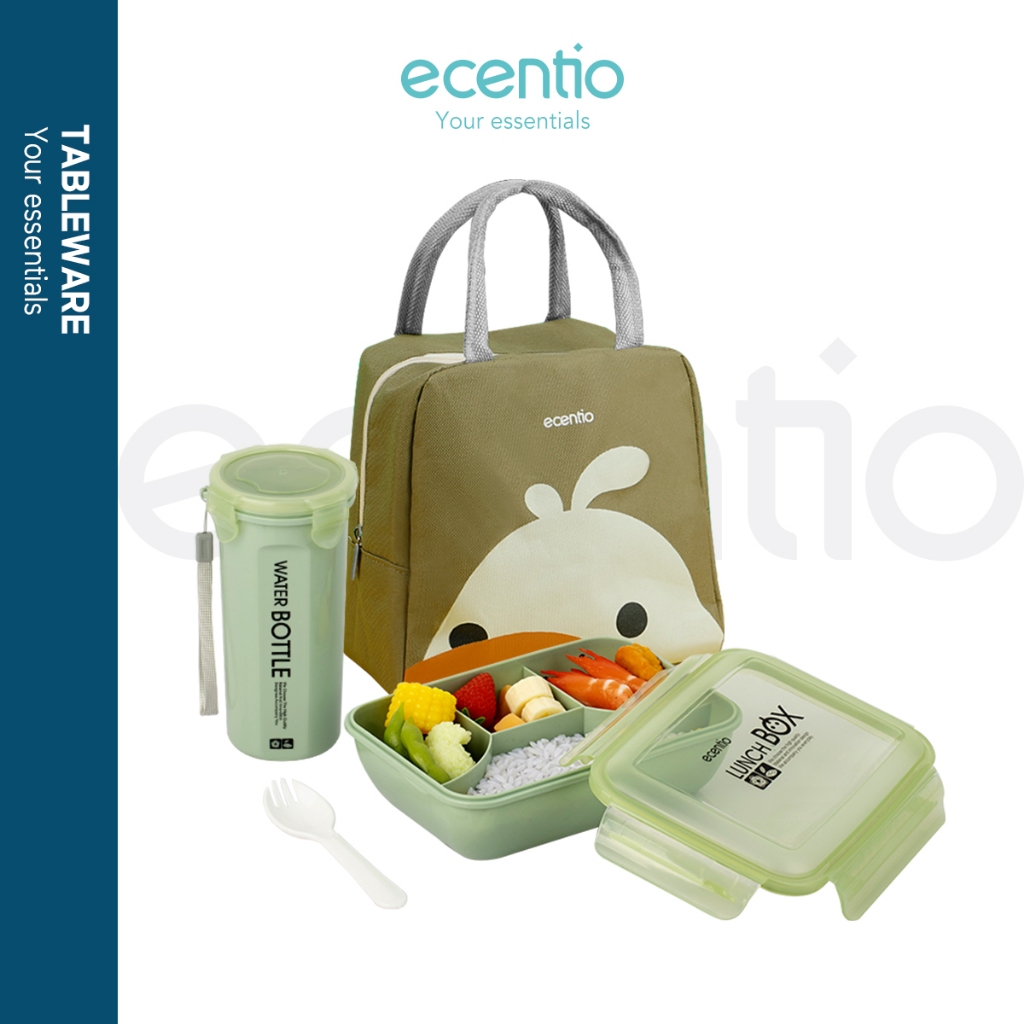 	 ecentio tempat makan 1100ml dan botol minum 500ml anti tumpah lunch box set kotak makan portabel hijau	