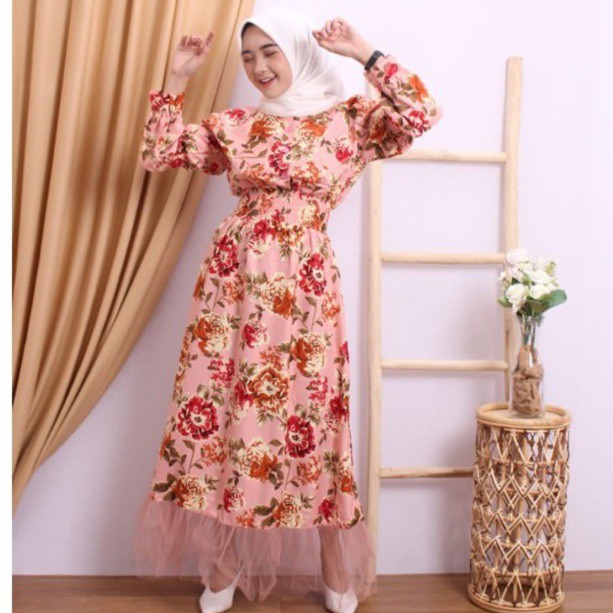 Gamis Wanita DH83 Motif Bunga Dress Cewek Remaja Dewasa Lebaran Kondangan Hitam Karet Pinggang
