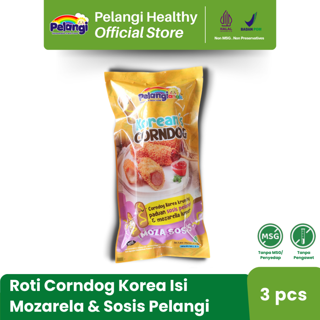 

PELANGI Roti Korea Corndog Isi Mozarella Leleh dan Sosis Non Msg Non Pengawet Halal MUI