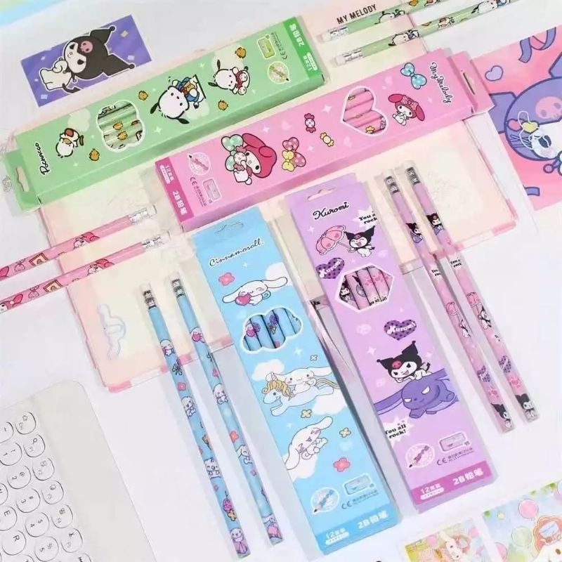 

MS | 12pcs pensil sanrio / 1 lusin pensil sanrio 2B gratis rautan