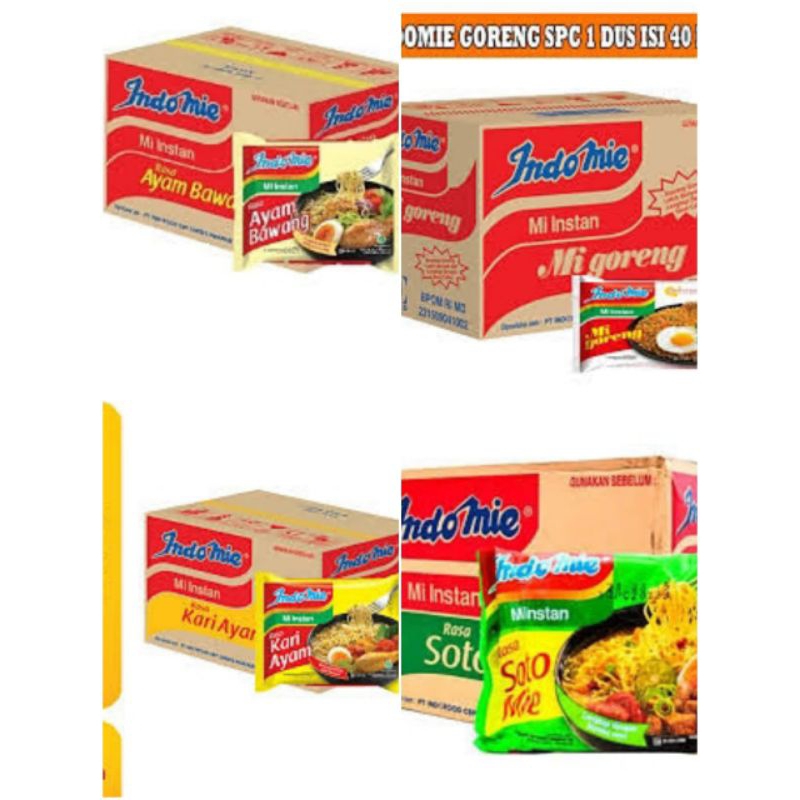 

Indomie goreng, kari, soto, ayam bawang 1dus