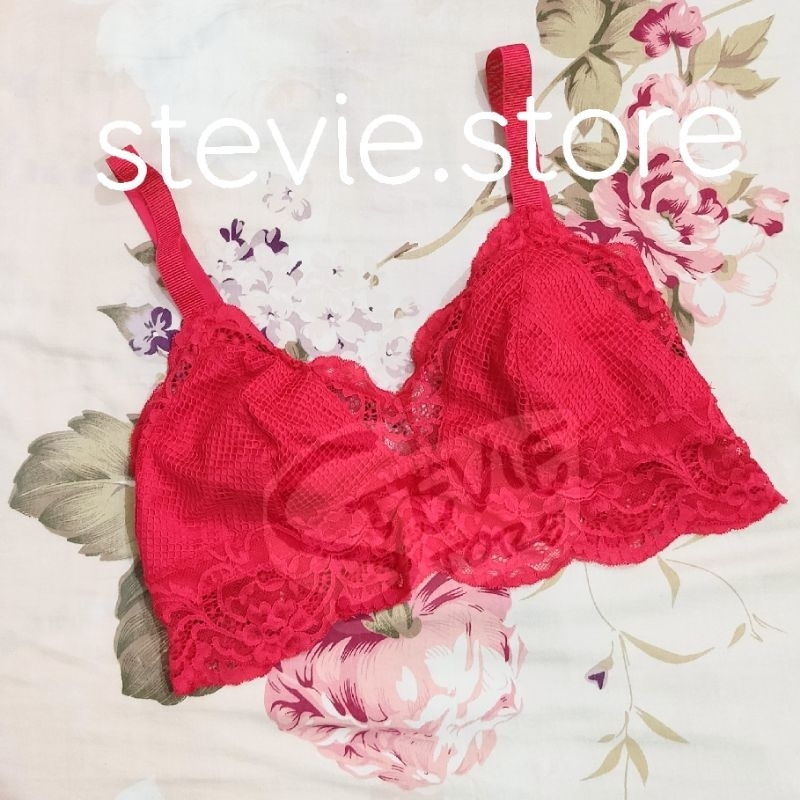 Sisa Ekspor Fashion Wanita Renda Halus HnM Cut Label Red Lace Wireless Non-Padded Bra Pakaian Dalam 