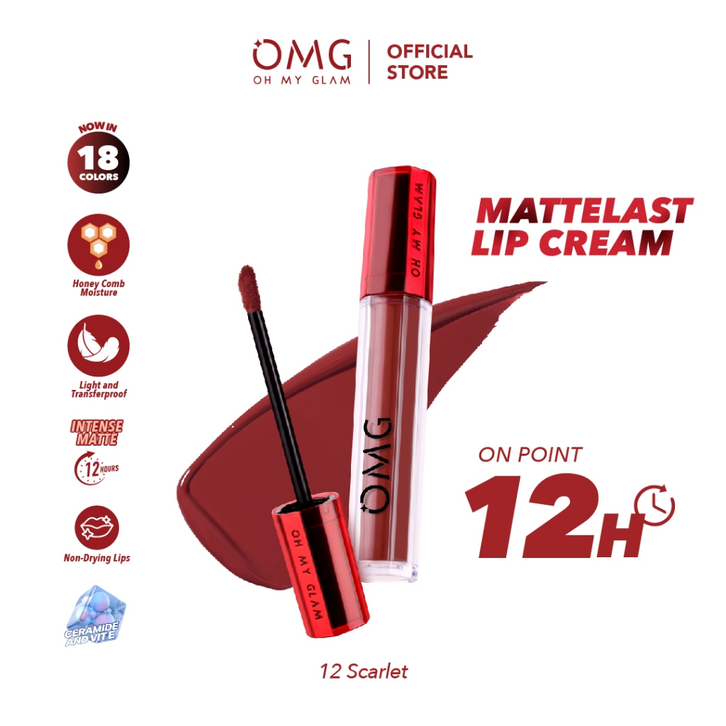OMG OH MY GLAM Mattelast Lip Cream 12 Scarlet 2.9 g  -  Lip Cream Matte Dengan Warna Intense, Tahan 