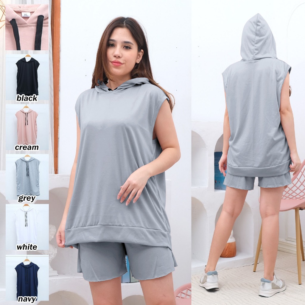 BAJU KAOS DISTRO HOODIE WANITA TANPA LENGAN ADA TOPI DAN KANTONG DEPAN POLOS