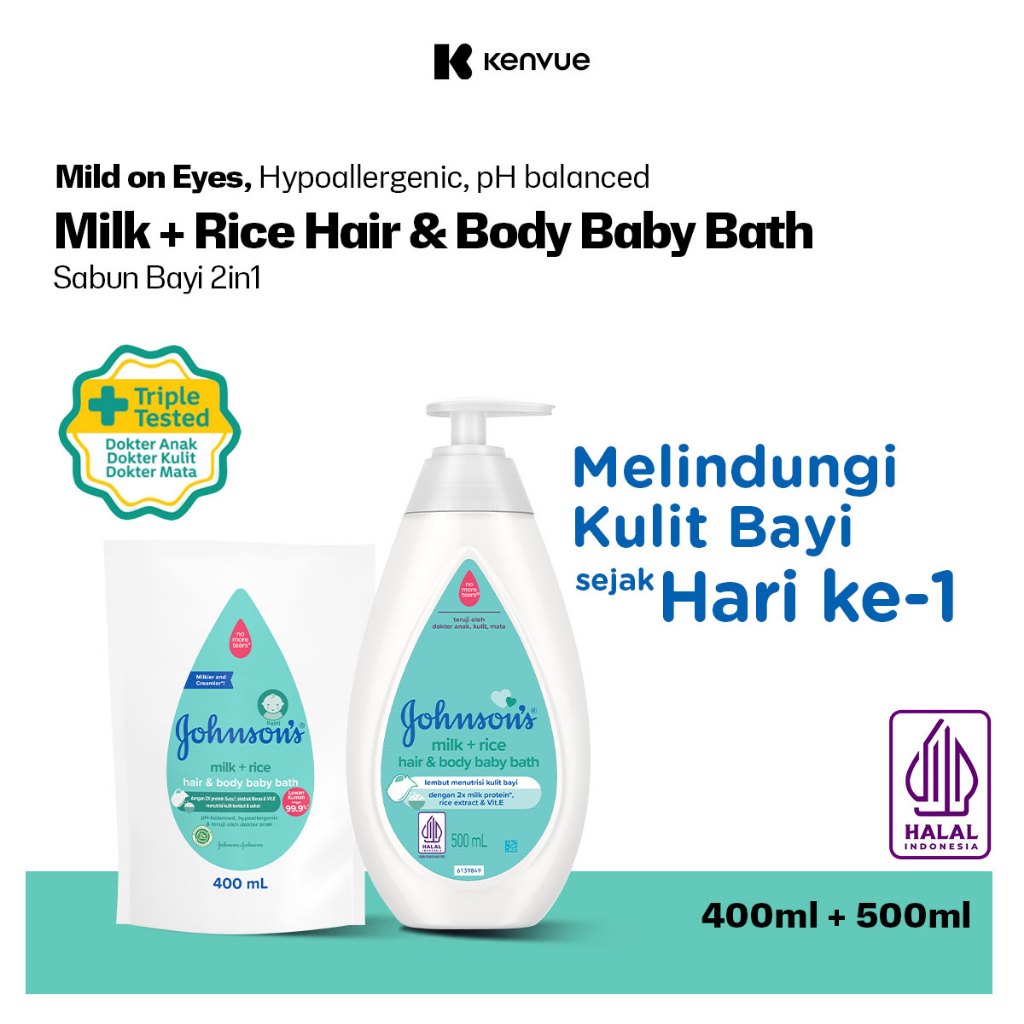 JOHNSON'S Milk+Rice Hair & Body Baby Bath + Refill - Sabun Bayi 2in1 500ml + Refill 400ml