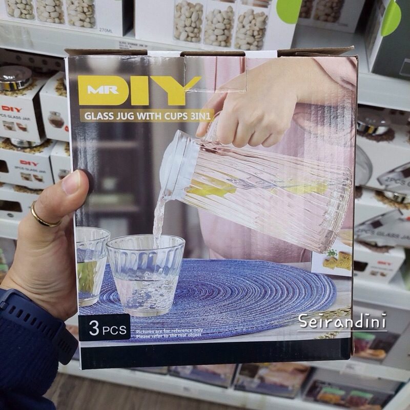 Glass Jug With Cup 3in1 Set Gelas Cup Cangkir Teko Kaca Motif 850ml 230ml Kado Hadiah Unik Hampers M