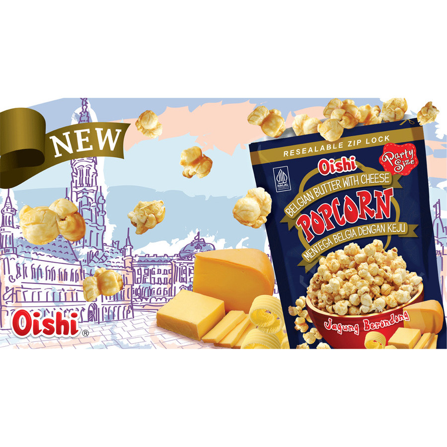 Oishi Popcorn 20 gr Belgian Butter Coklat Caramel Snack Jagung Brondong - Coklat