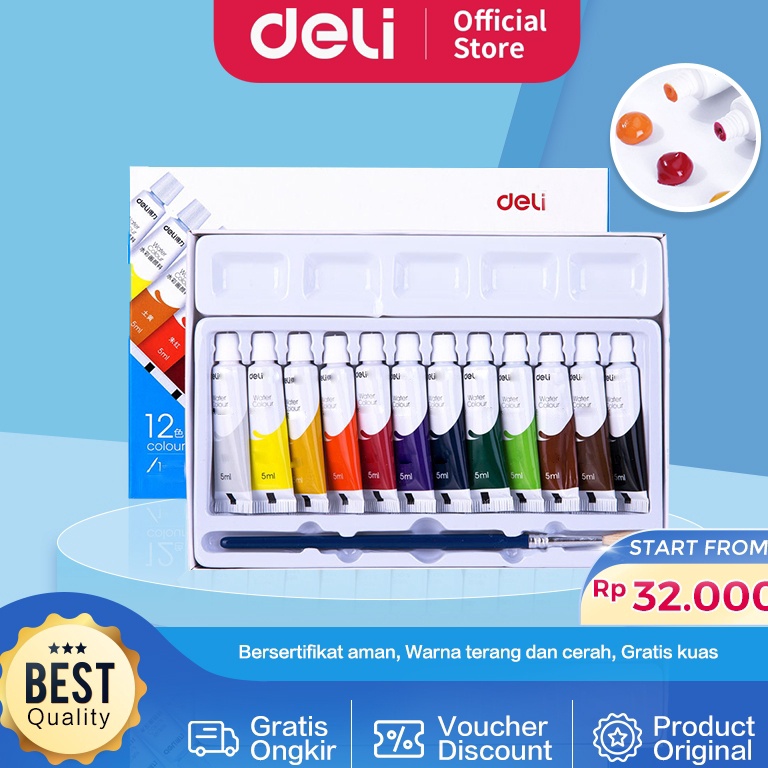 

Deli Water Color Paint Cat Air Set 5 ML Bersertifikat Aman Gratis Kuas 738XX KODE E5B6