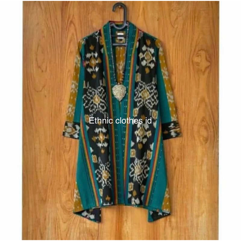 long outer atasan wanita batik tenun salur hijau tosca