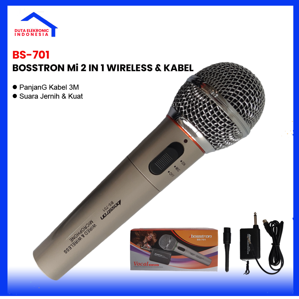 Bosstron Mic Wireless dan Kabel BS-701 Microphone  2 In 1 Kabel dan Wireless