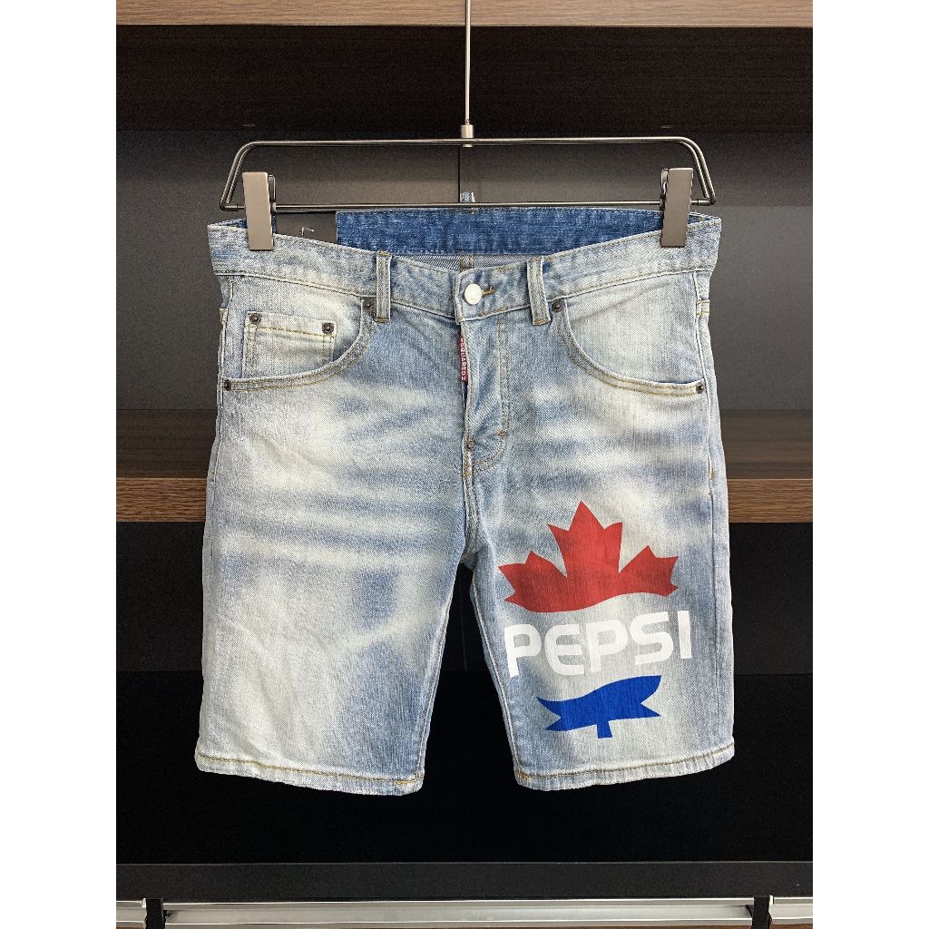 DSQUARED2 Celana Pendek Denim Pria Gambar Cetak Pola Daun Maple Warna Terang Celana Pendek Kasual Tr