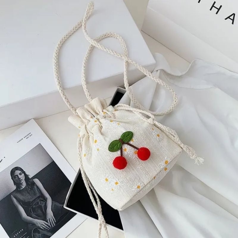Tas Serut Kanvas Selempang Wanita Motif Cherry