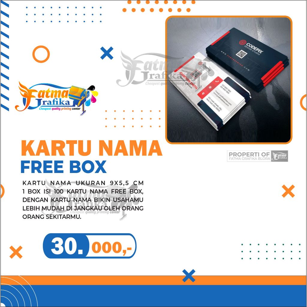 

CETAK KARTU NAMA MURAH 1 SISI / 2 SISI BAHAN ARTCARTON 260 ISIS 100 PCS (FREE BOX KARTU)