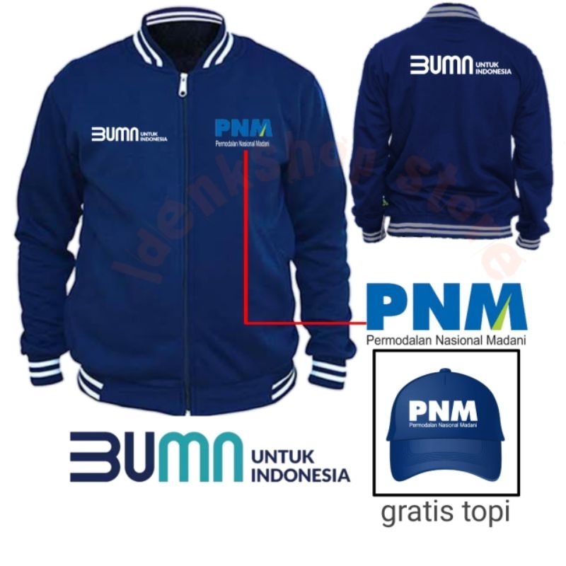 jaket varsity PNM BUMN jaket sablon free topi bisa costume juga jaket tebal gramasi 280 tersedia 2 v