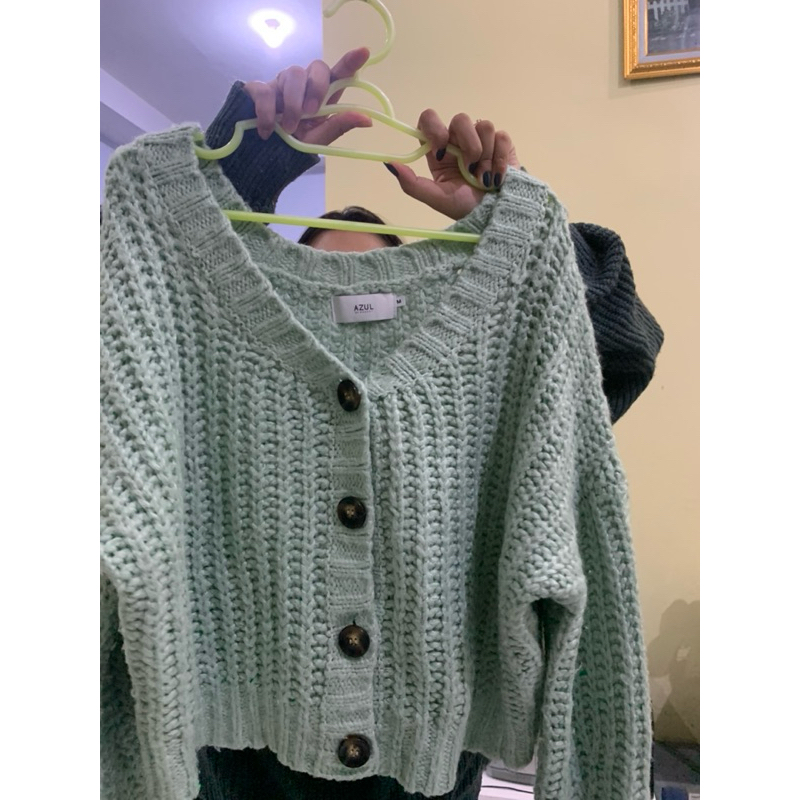 Cardigan Rajut Crop Lengan Balon / Thrift / Branded Azul By Moussy