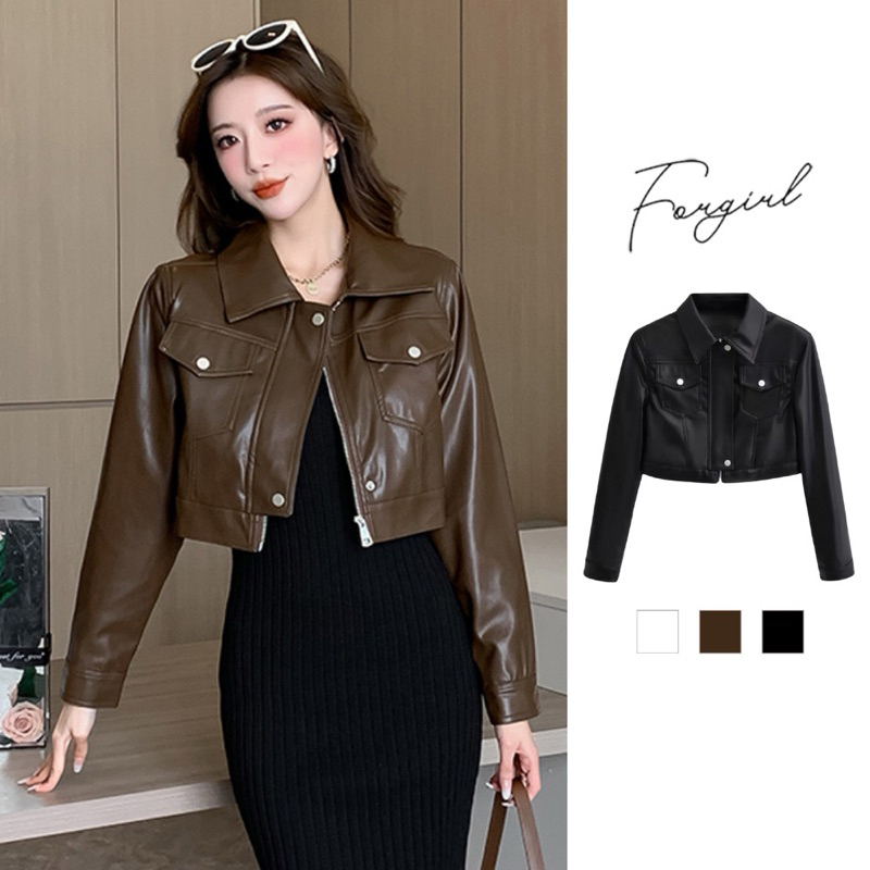 Dzakileather- Jaket Crop NOLA Wanita Saku Kancing Depan Tidak Berban Bawah