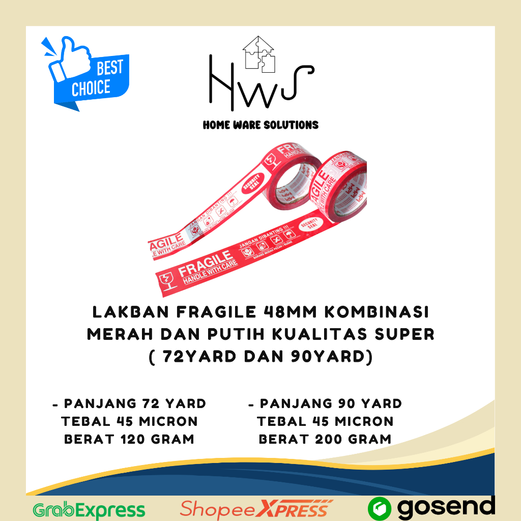 

Lakban Fragile 48mm Kombinasi Merah dan Putih Kualitas Super (2 varian 72yard dan 90yard)