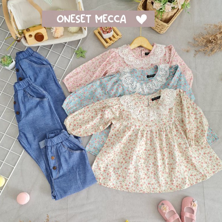 Ollet MECCA Oneset Setelan anak ala korea 2 1 tahun atasan katun jepang set celana jeans denim impor