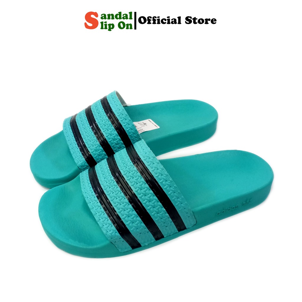 Sandal slide Casual Adidas pria wanita tipe selop slip on warna tosca garis hitam upper anyam