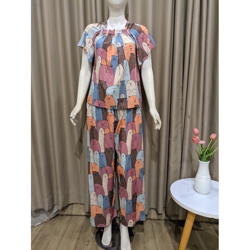 Setelan Baju Wanita Motif Lucu Oneset Kerut Dada Set Fuji Lengan Pendek