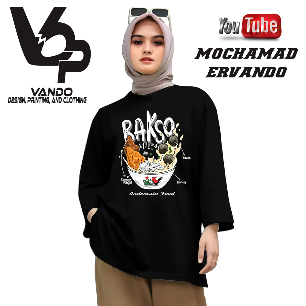 Kaos Pria Distro Lengan Panjang Bakso Malang Makanan Indonesia Hitam Original