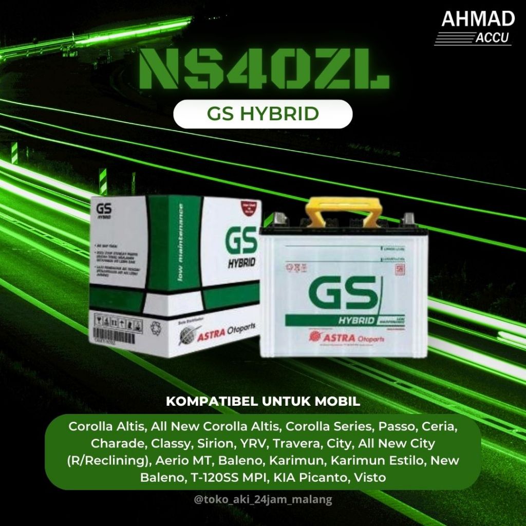 Aki Mobil GS HYBRID NS40ZL/35AH GS HYBRID Kompatibel untuk mobil Corolla Altis, All New Corolla Alti