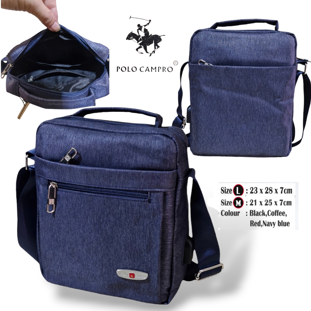 Tas Selempang POLO CAMPRO Tebal Import  Slingbag Pria Ukuran L Dan M Dengan Port USB #1001