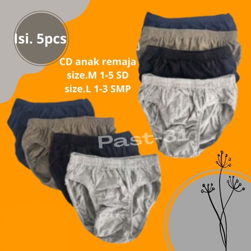 RB 5 Pcs Celana Dalam Anak Remaja Sd/Smp Motif Polos Cd Anak Tanggung Laki-Laki Usia 7 Sampai 16