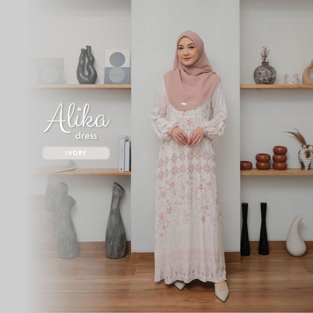 Naisha Official - Naisha Lite Alika Dress | Dress Motif Floral Etnic | Gamis Rayon Motif-Ivory