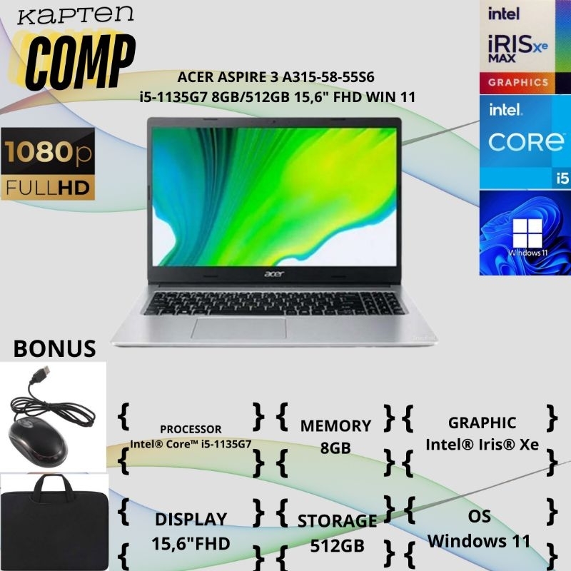 ACER ASPIRE 3 A315-58-55S6 i5-1135G7 8GB/512GB 15,6" FHD WIN 11