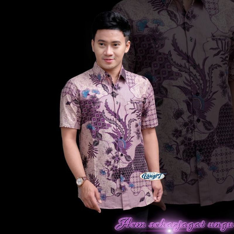 Batik Pria - Kemeja Lengan Pendek - Motif Merak Sidomukti Abu - Warna Putih Abu