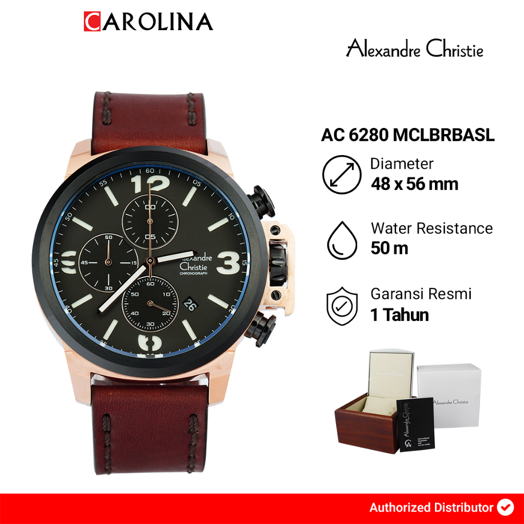 Jam Tangan Pria Alexandre Christie Chronograph AC 6280 MCLBRBASL Sport Black Dial Brown Leather Stra