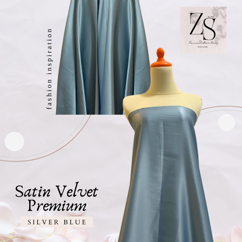Bahan Kain Satin Velvet Premium Warna Silver Blue Abu Abu Biru Meteran