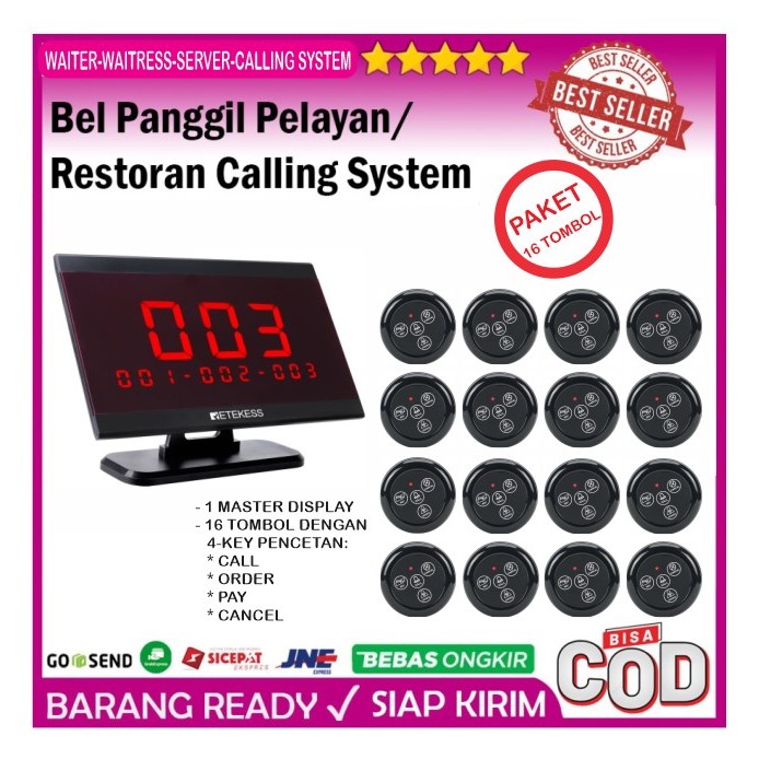 Bel Panggil Pelayan Restoran 1 Display 16 Tombol Meja - Restaurant Calling System 1 Wireless Display