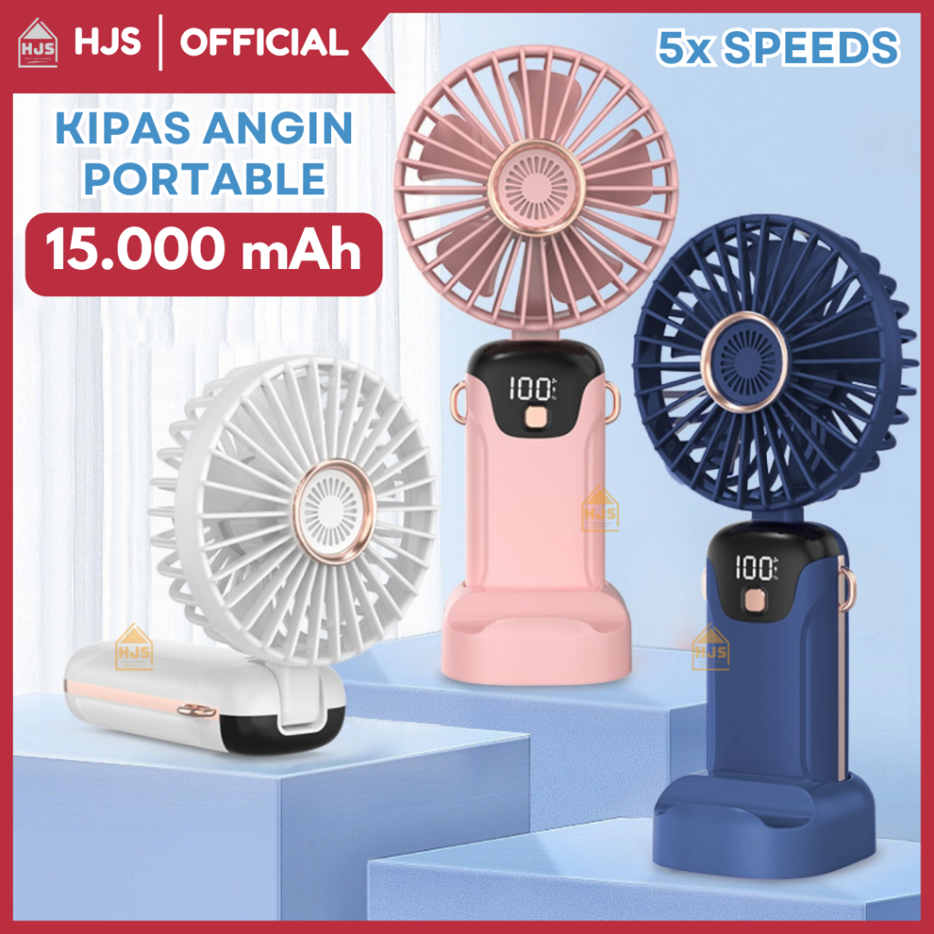 [HJS] Kipas Angin Mini Portable Usb 15000 mAh / Kipas Lipat Genggam / Leher 5-Speed Wind LED Display