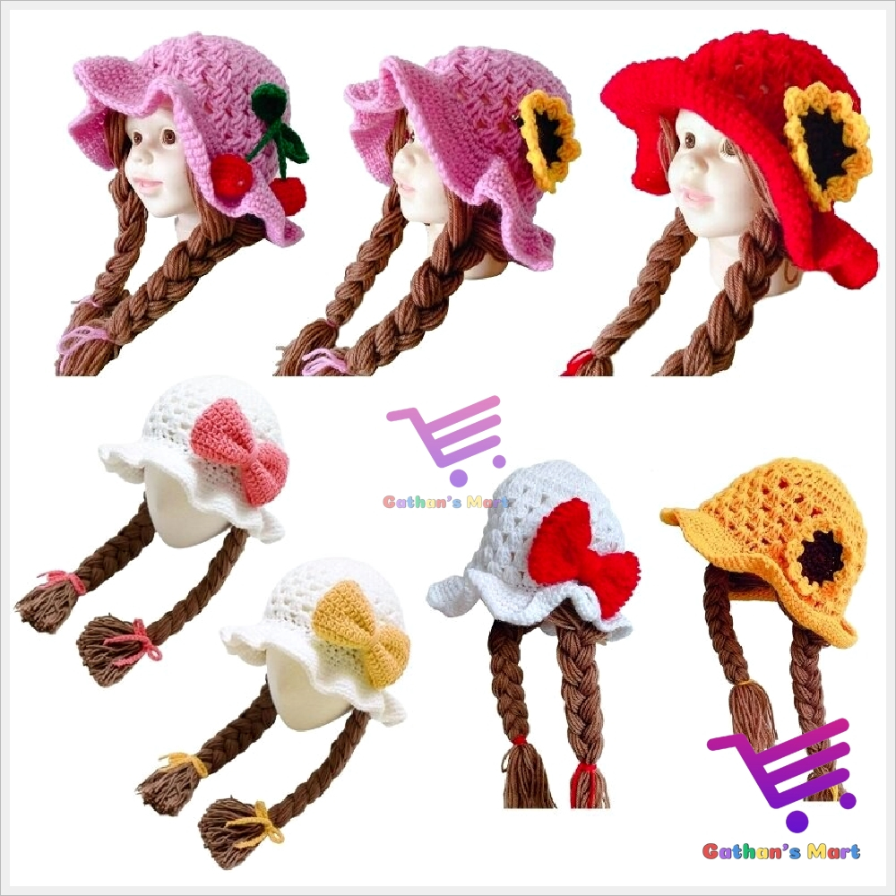 Topi Bayi Anak Perempuan Rajut Lucu Rambut Kepang Murah Motif Bunga Pita Umur 6 7 8 9 10 11 12 Bulan