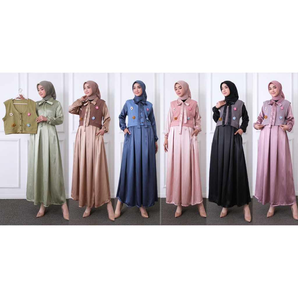 Gamis Maxi Dress Noona Raiya Cradenza Wanita Polos Shimmer With Knit Bunga Pompom Rajut Korean Style