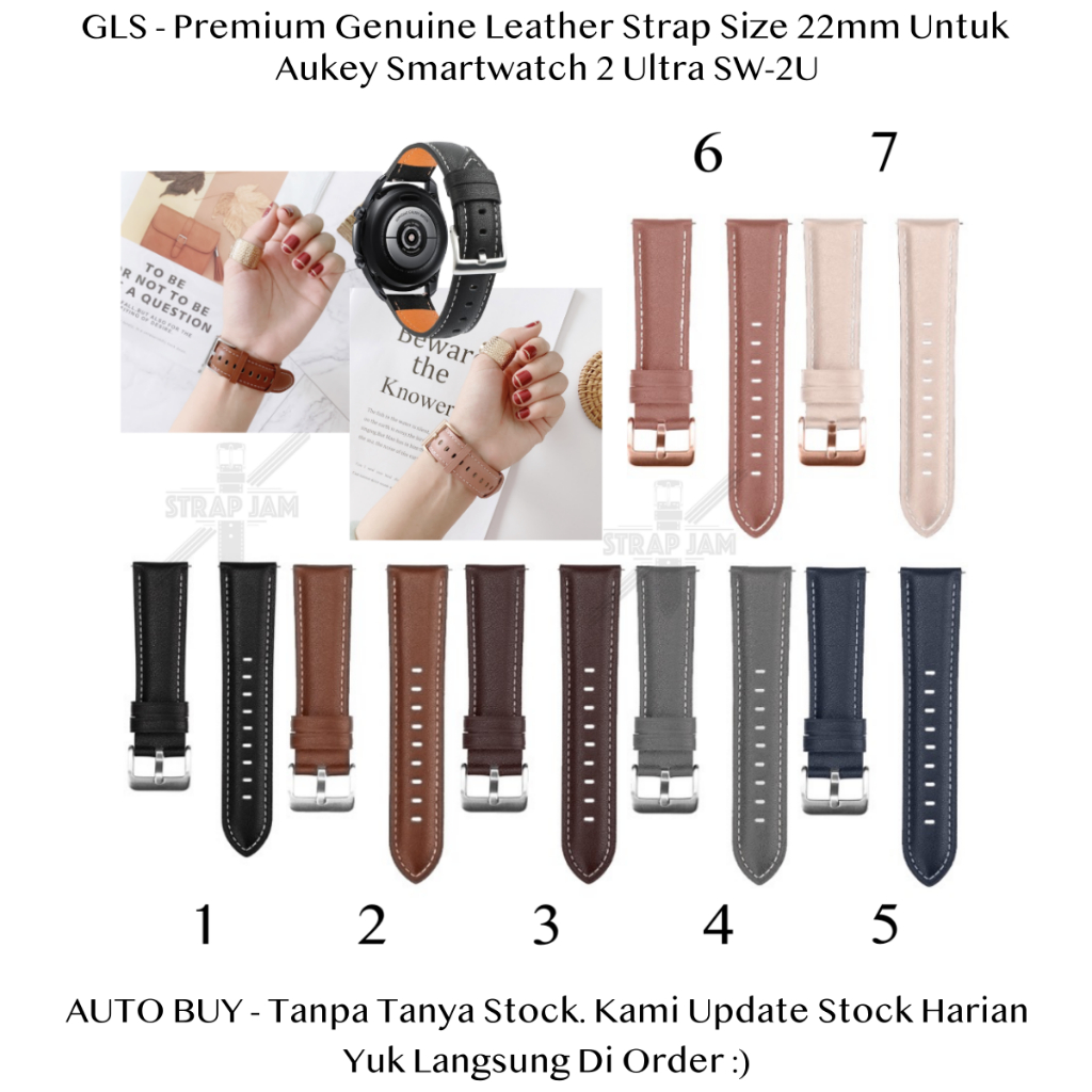 GLS 22mm Tali Jam Kulit Untuk Aukey Smartwatch 2 Ultra SW-2U - Genuine Leather Strap Pria Wanita