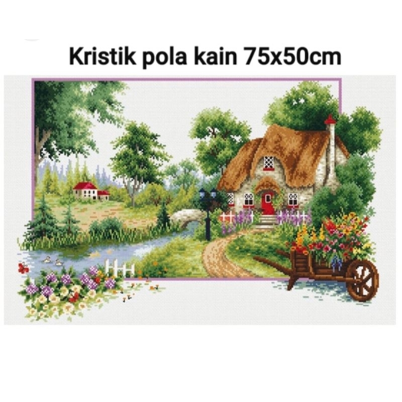 paket kristik cross stitch pola kain panen padi sawah pedesaan bunga 11ct