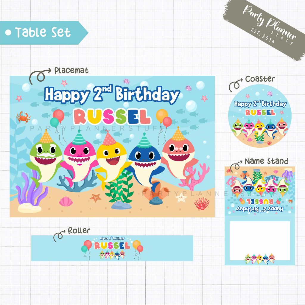 Birthday tema baby shark table set table decor happy birthday tema baby shark custom placemat coaste