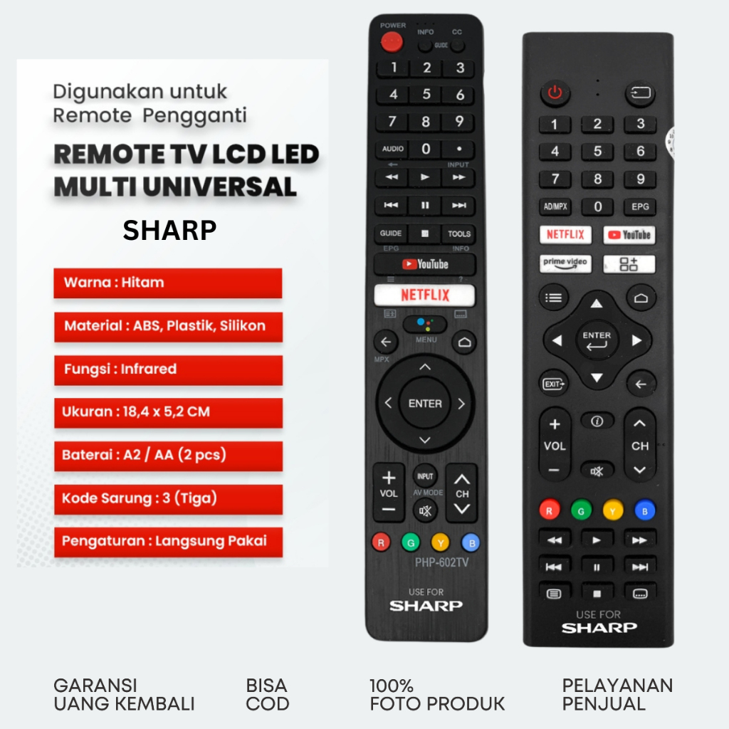 Remot Remote TV Sharp Aquos Android Smart LCD LED 2T-C42DF1I 2T-C32DF1I GB396WJSA 2T-C50DF1I GB326WJSA IR 2T-C42BG1i 2T-C50BG1i