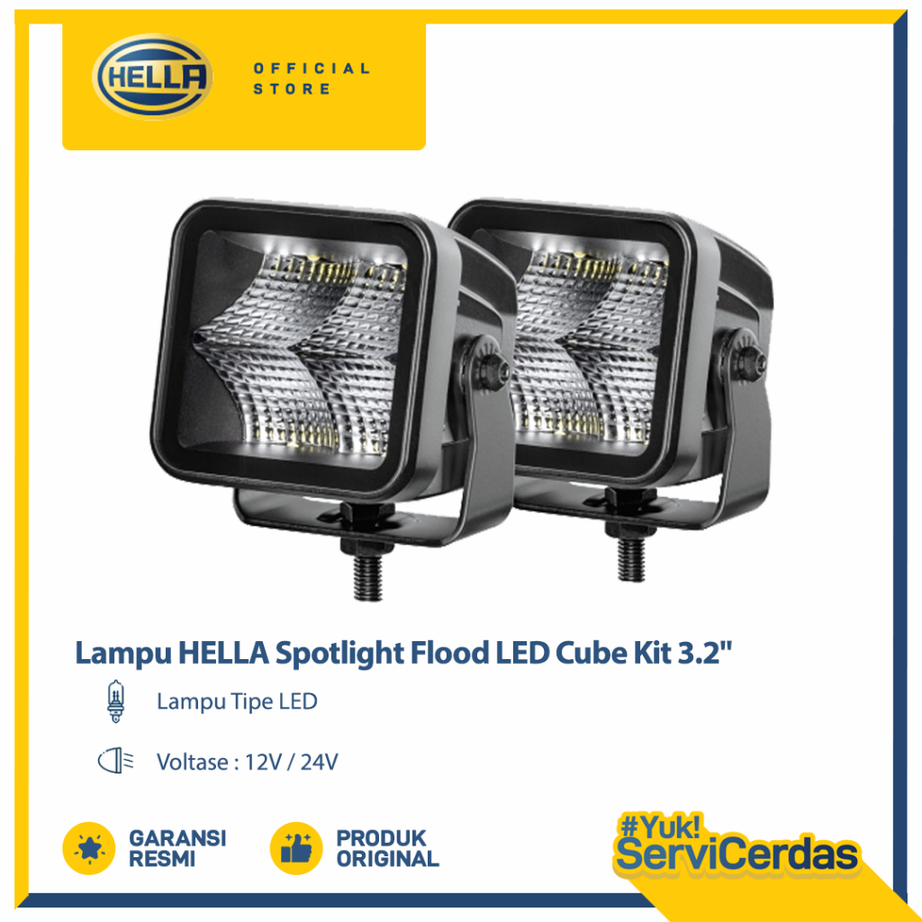 Lampu HELLA Spotlight Flood LED Cube Kit 3.2" - Lampu Mobil