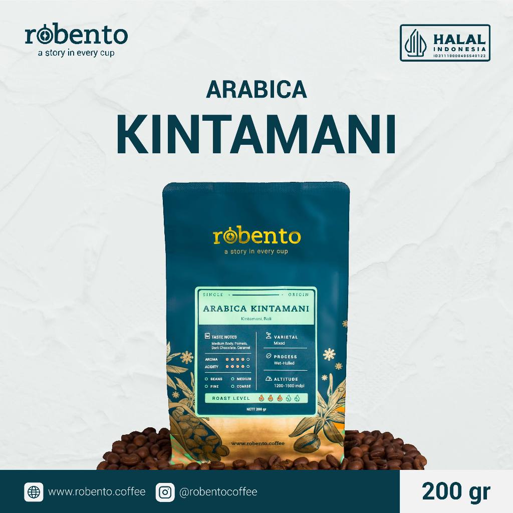 

Robento - Kintamani Arabica 100% Grade 1 200gr | Single Origin | Biji Kopi Sangrai Kualitas Ekspor | Roasted Coffee beans