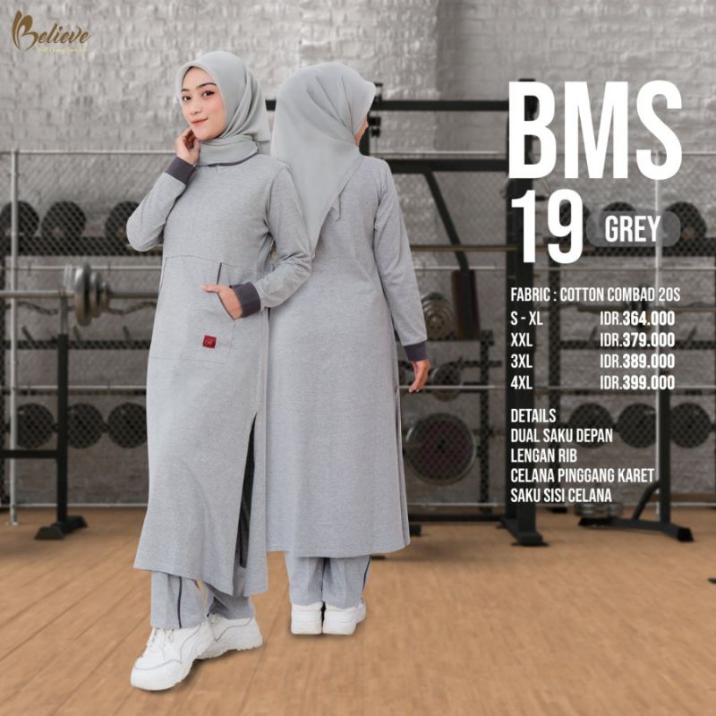 BELIEVE BMS 19 GREY MISTY / Setelan Olahraga Wanita Muslimah Panjang Syar'i / Katun Combed 20s Outfi