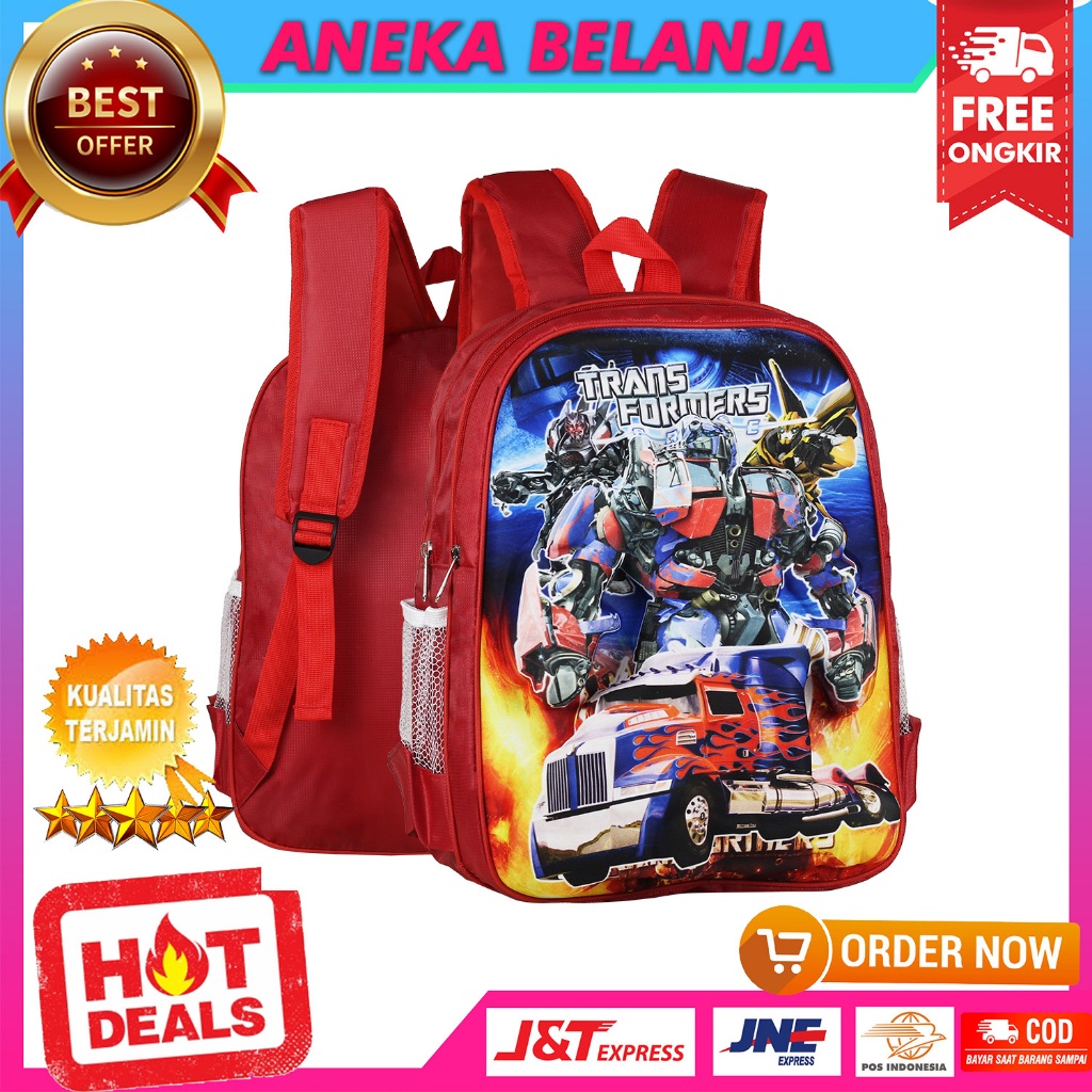 Tas Sekolah Anak Laki-Laki Emboss 3D Transformer Warna Merah Ransel Backpack Anak PAUD TK SD Karakte