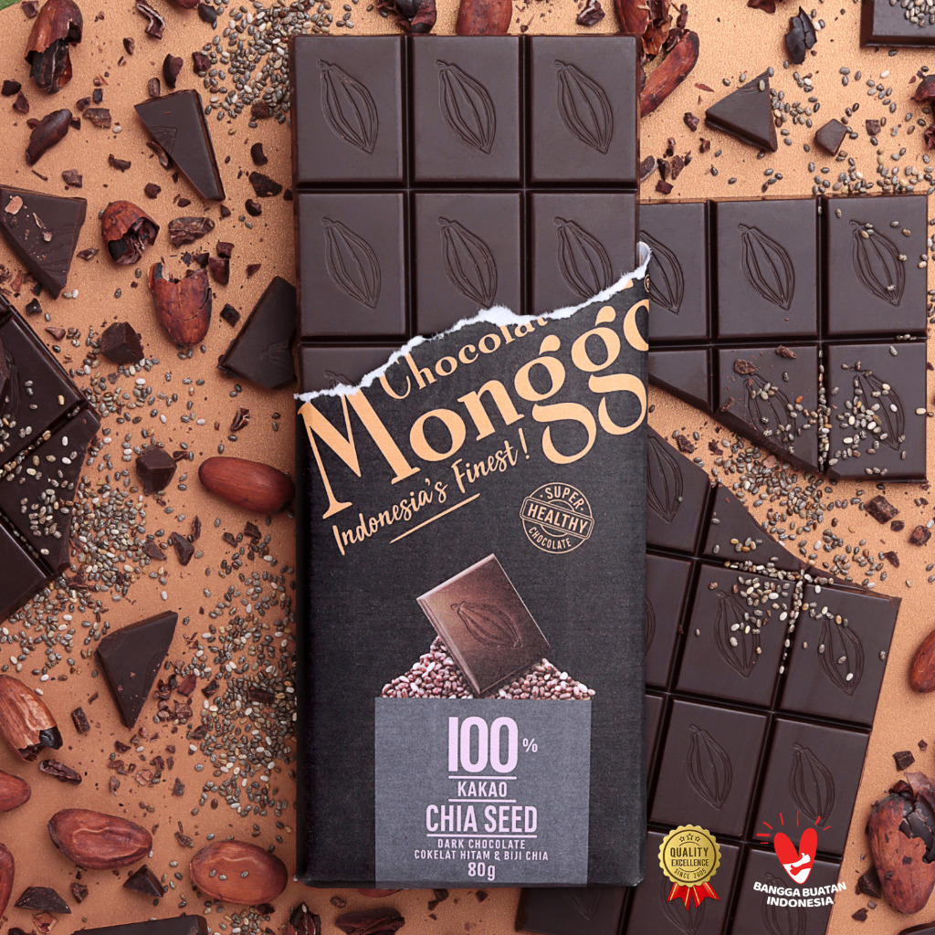 

Chocolate Monggo | Dark Chocolate 100% & Chia Seed 80g | Coklat Diet Keto Diabetic Friendly Sehat