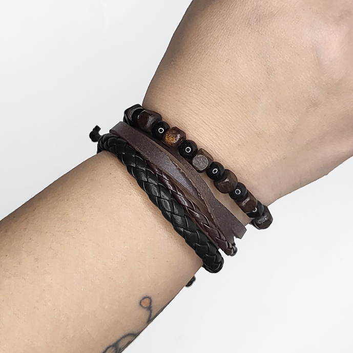 GMT3D Gelang Multilayer Brown Set isi 3pcs - Gelang Vintage, Etnik, Retro Style - Gelang Pria Wanita