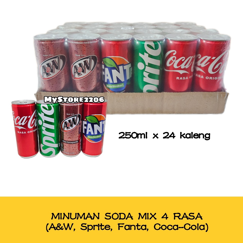 

Get It Now Minuman Kaleng Soda Soft Drink Mix 4 Rasa AW AW Sprite Fanta Coca Cola 25ml x 24 kaleng