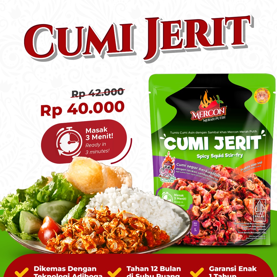 

Pasti Laku Special Edition Mercon Merah Putih Satuan Cumi Jerit Cumi Sambal Mercon